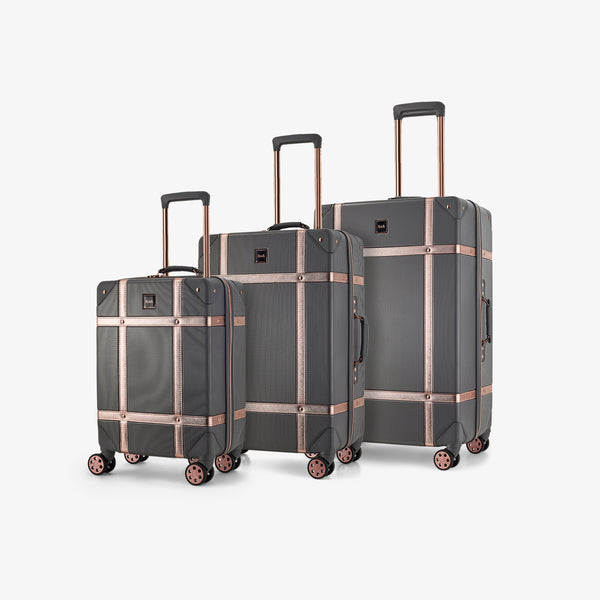 Vintage Set of 3 Suitcases in Charcoal + Rose Gold