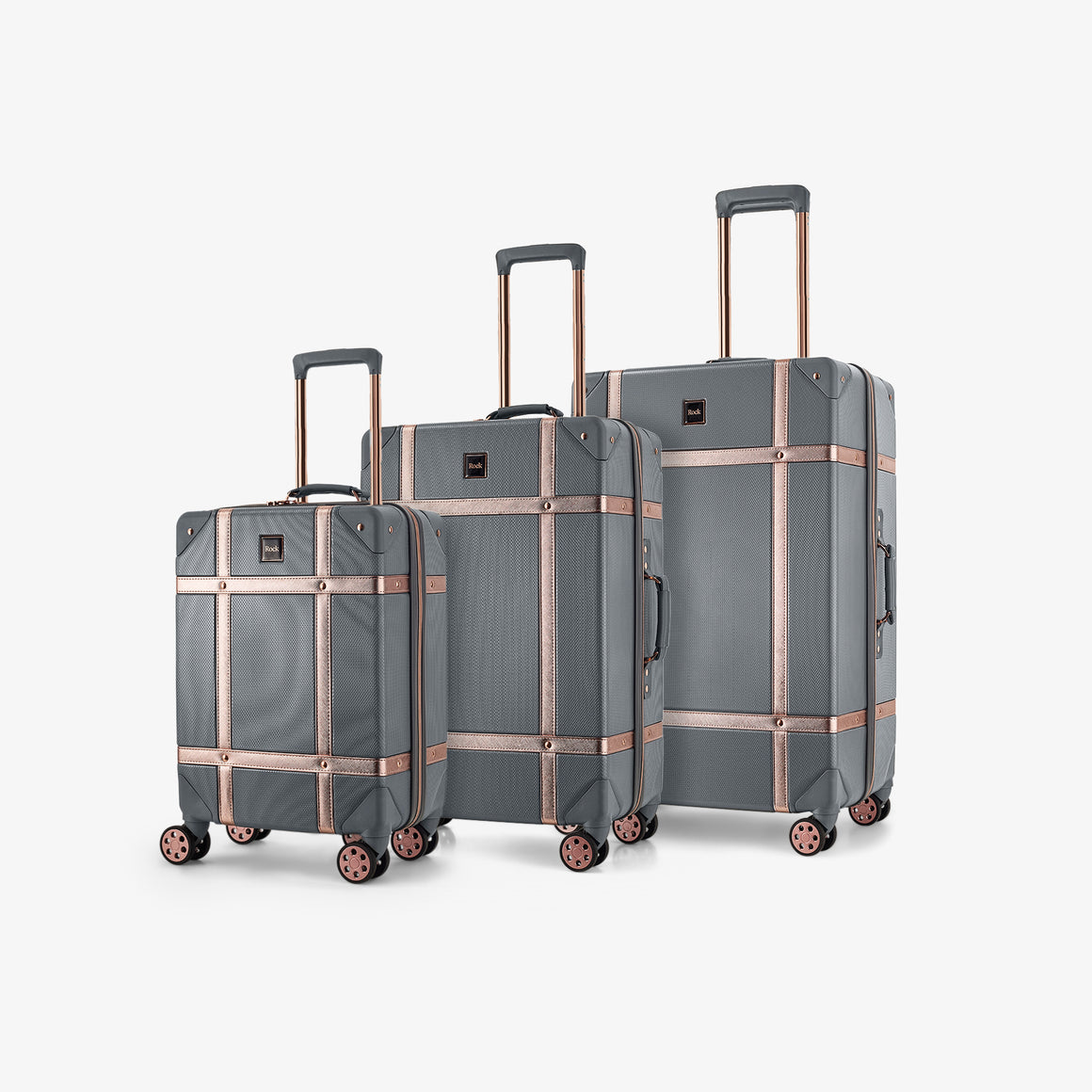 Vintage Set of 3 Suitcases in Grey + Rose Gold
