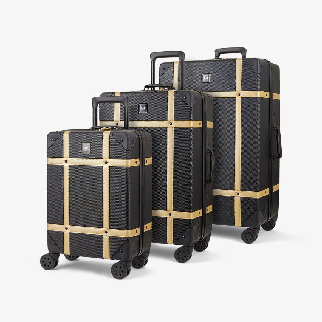 Vintage Set of 3 Suitcases in Black + Gold