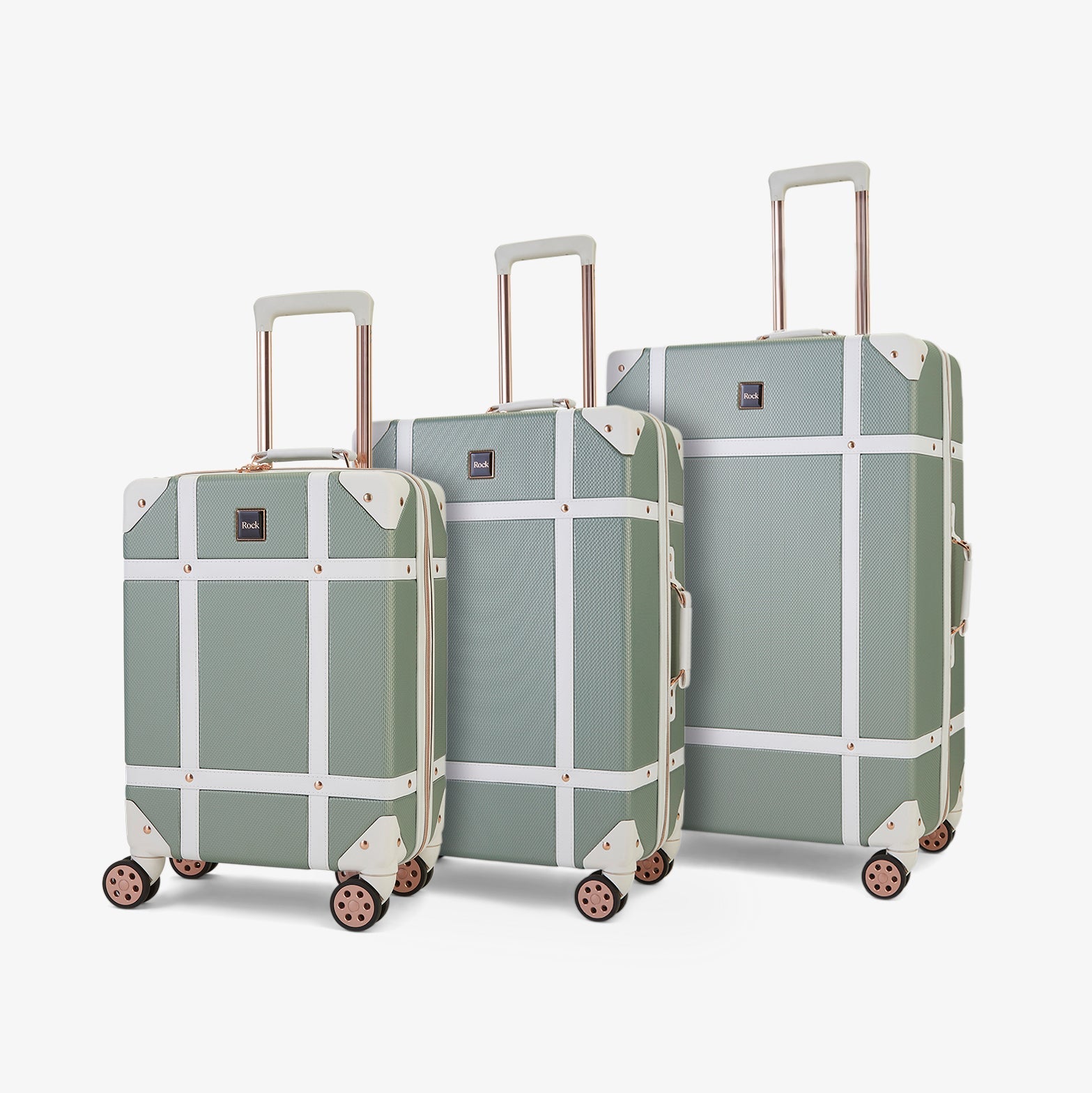 Vintage Set of 3 Suitcases Sage Green with Rose Gold Rock Luggage